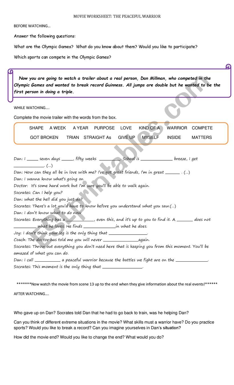 The peaceful warrior  worksheet
