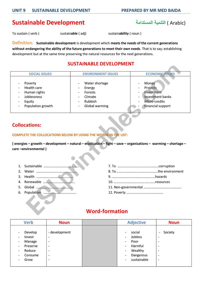 sustainable development worksheet