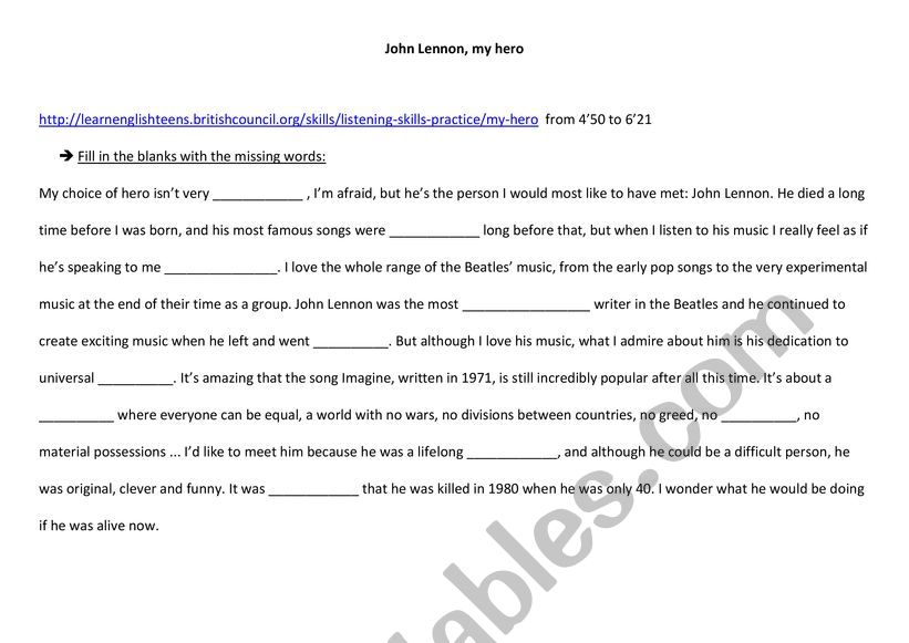 John Lennon my hero worksheet