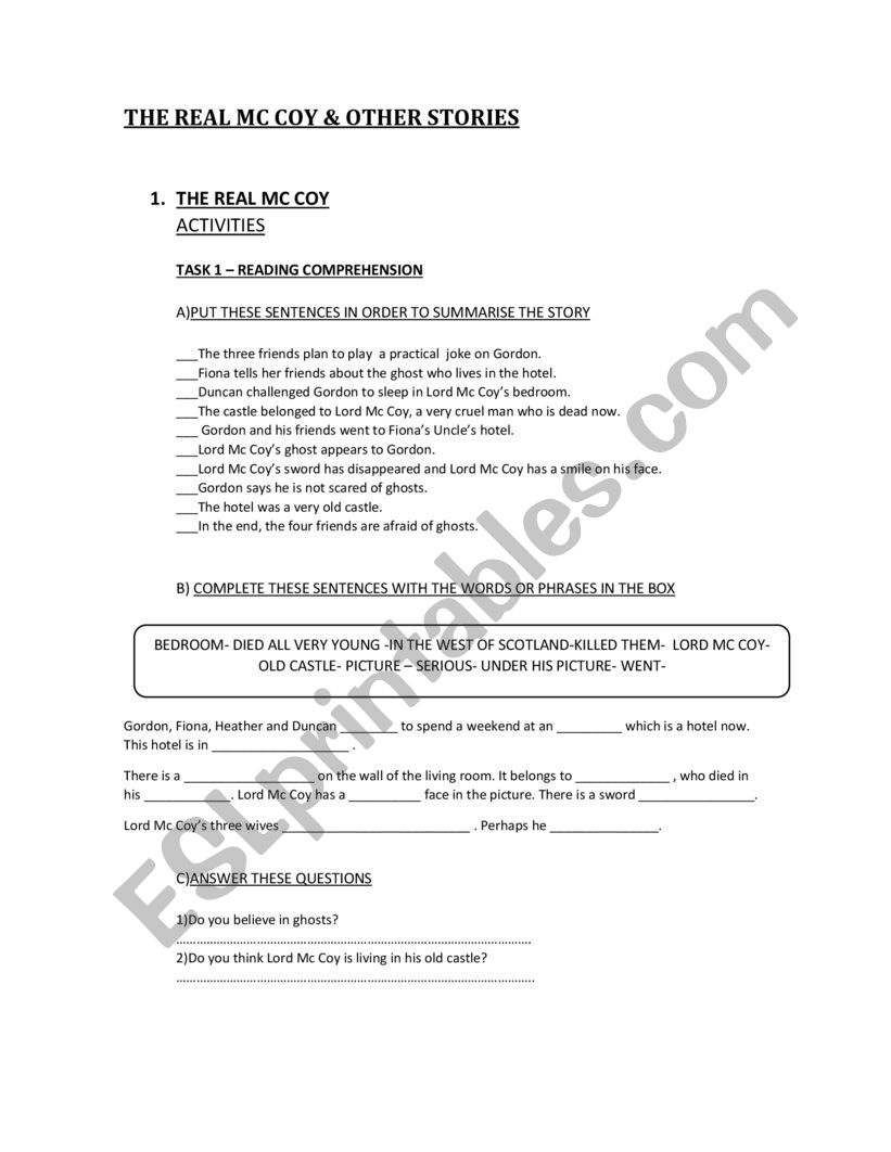 Lord  Mc Coy short story worksheet