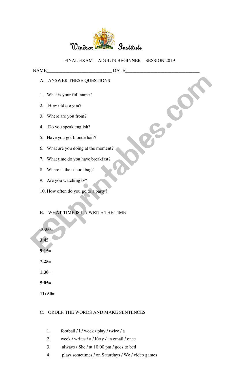 EXAM FOR BEGINNERS worksheet