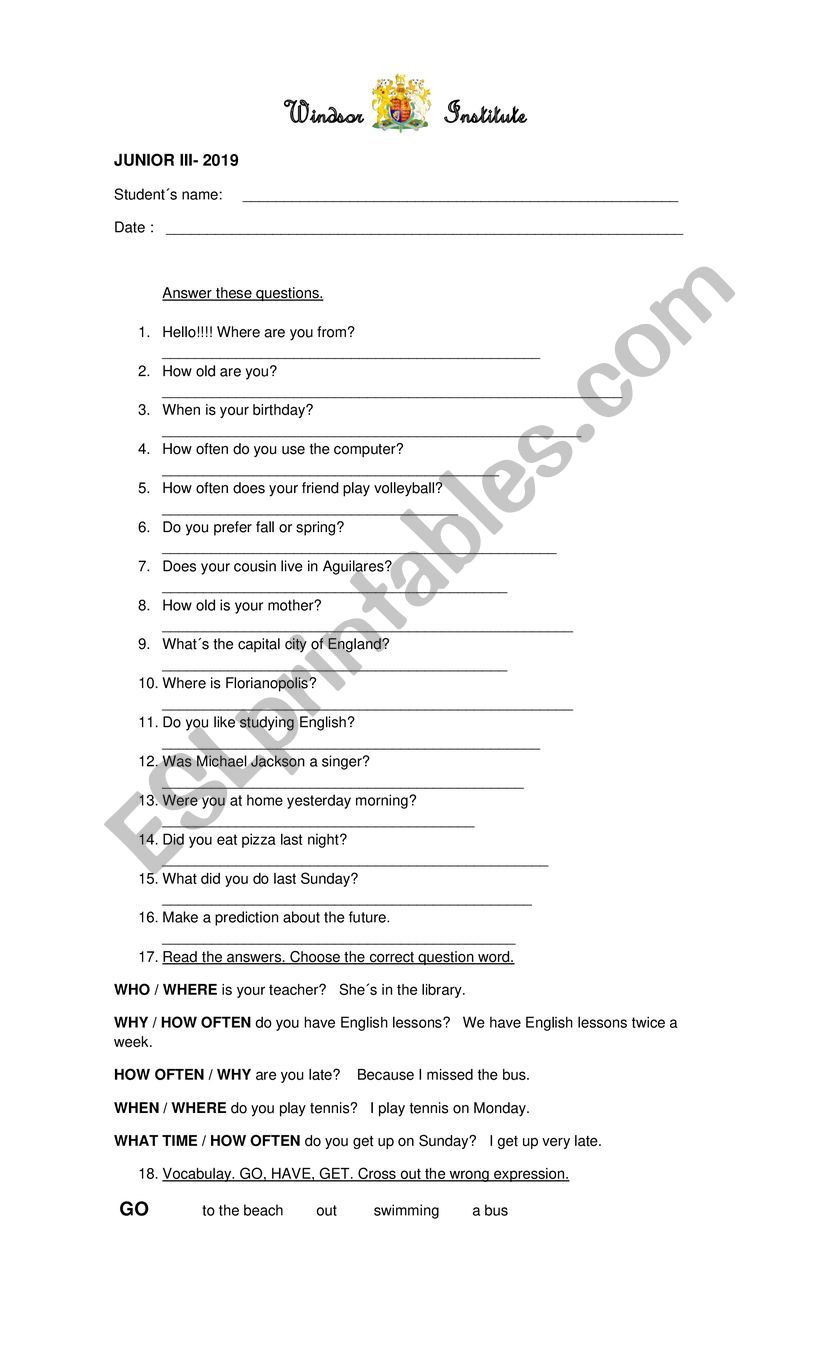 junior 3 placement test worksheet