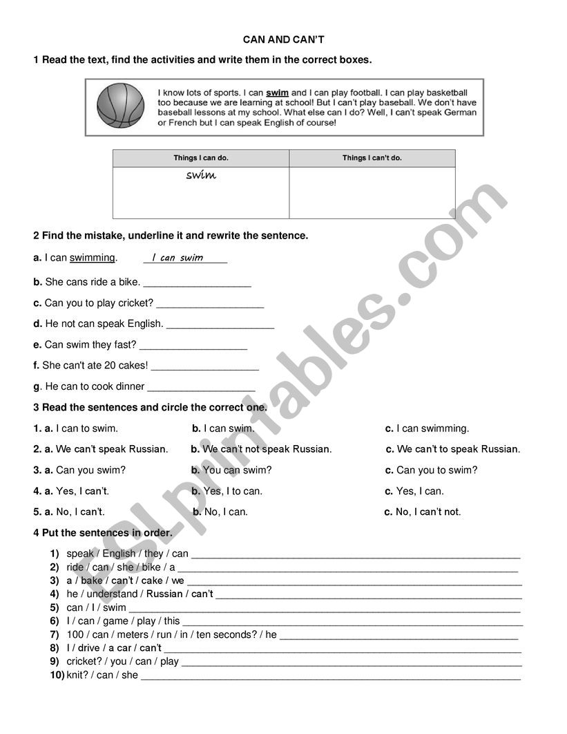 Can and can�t review worksheet