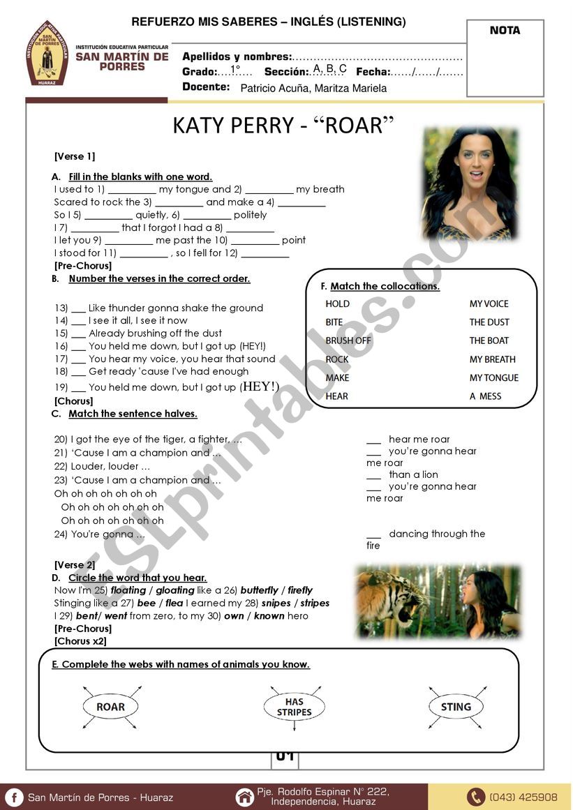 Katy Perry - Roar (Worksheet) worksheet