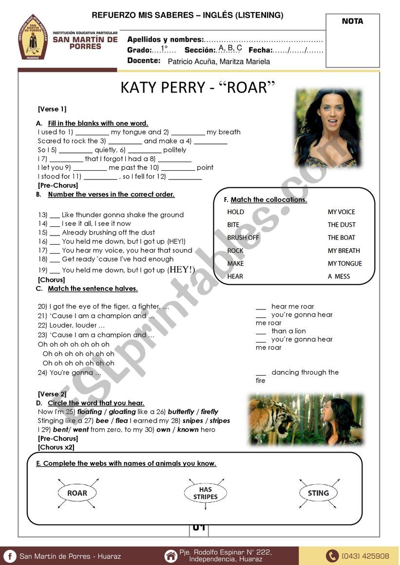 Song Roar Katy Perry - vocabulary practice - ESL worksheet by caiomachado