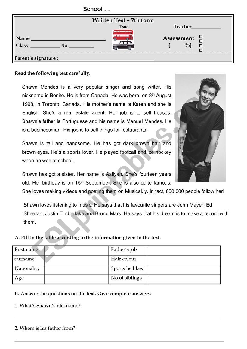 Test Personal Information worksheet