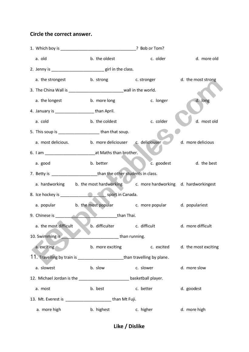 Comparison worksheet