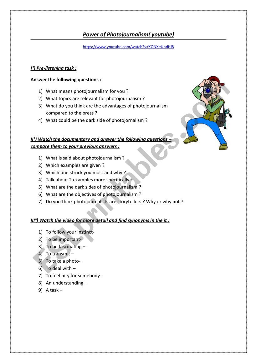 Video Photojournalism worksheet