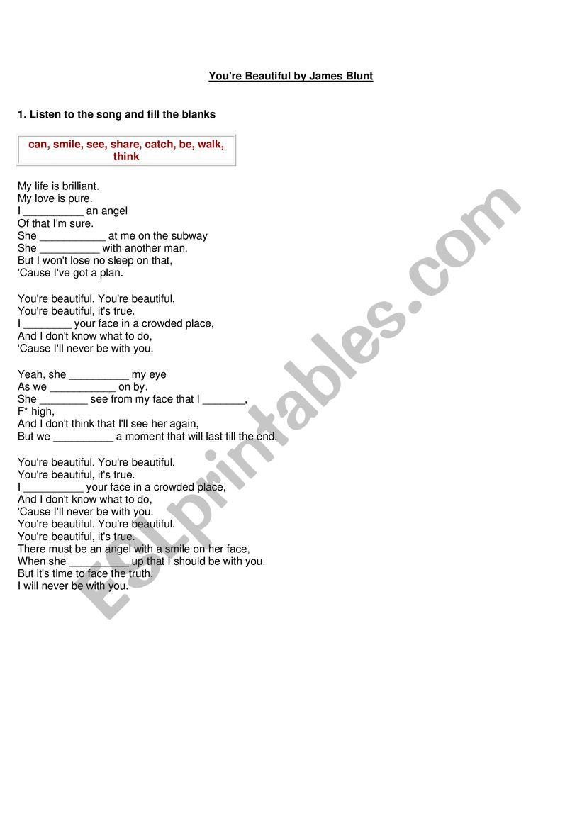SONG YOU ARE BEAUTIFUL worksheet