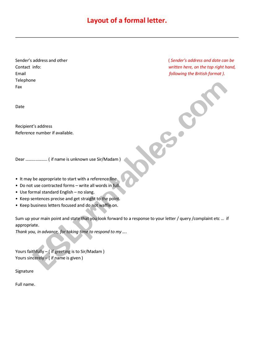 formal letter writing worksheet