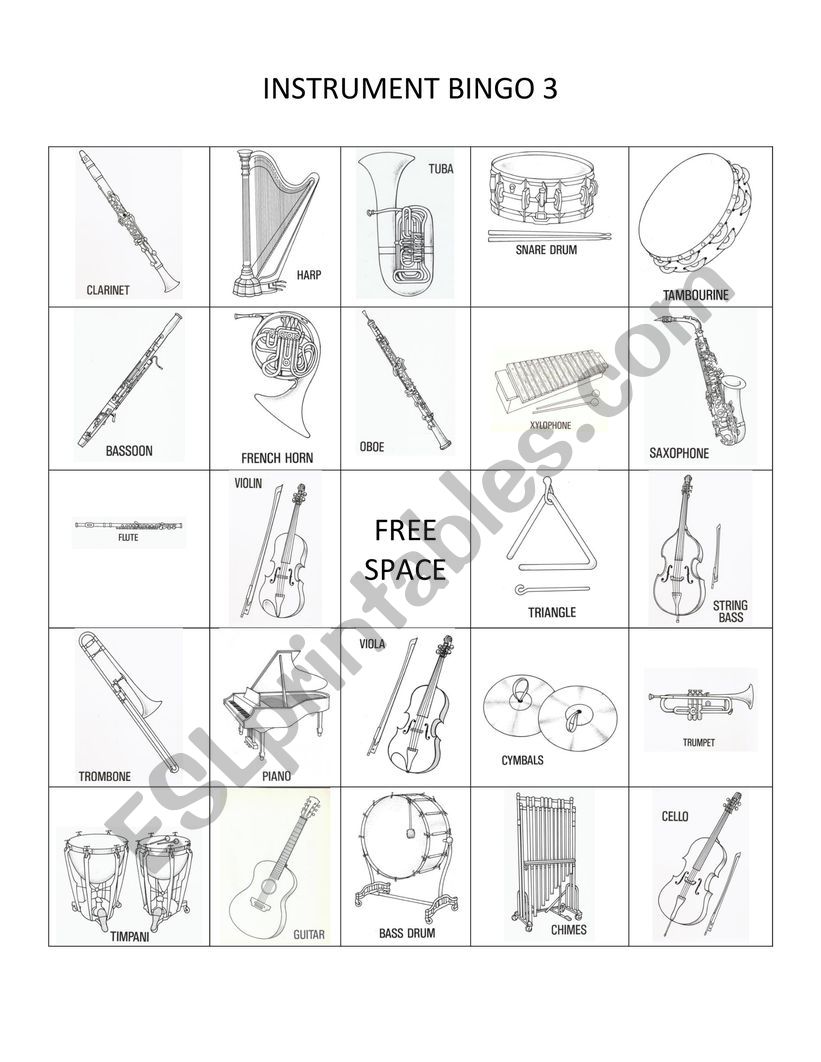 Instrument Bingo Board #3 worksheet