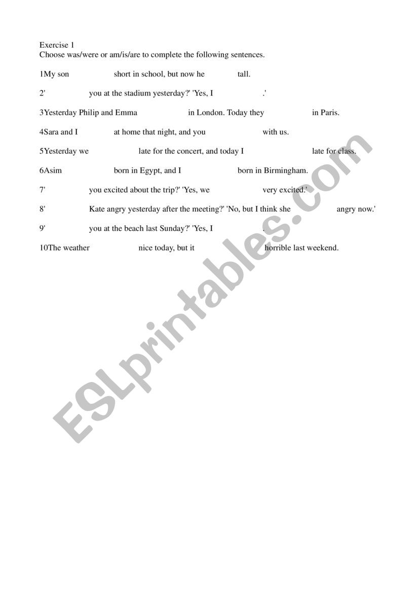 was, were, is, are worksheet