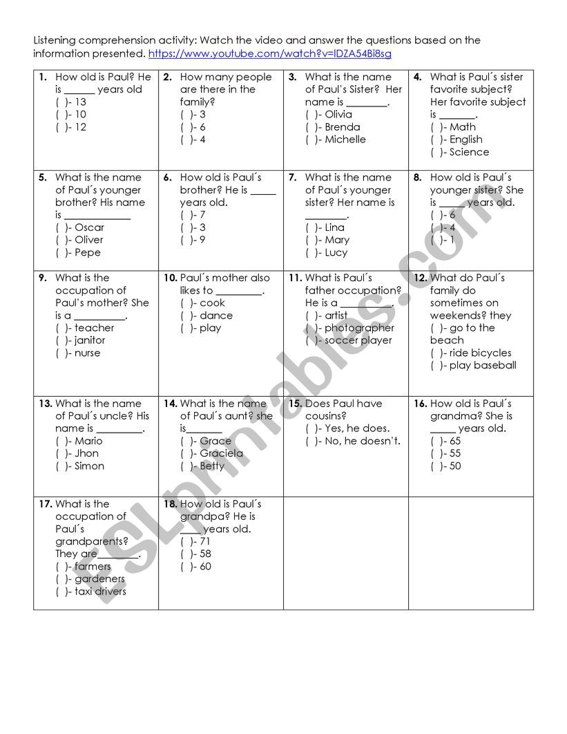 PaulÂ´s Family worksheet