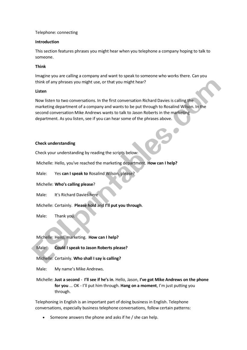 telephone worksheet