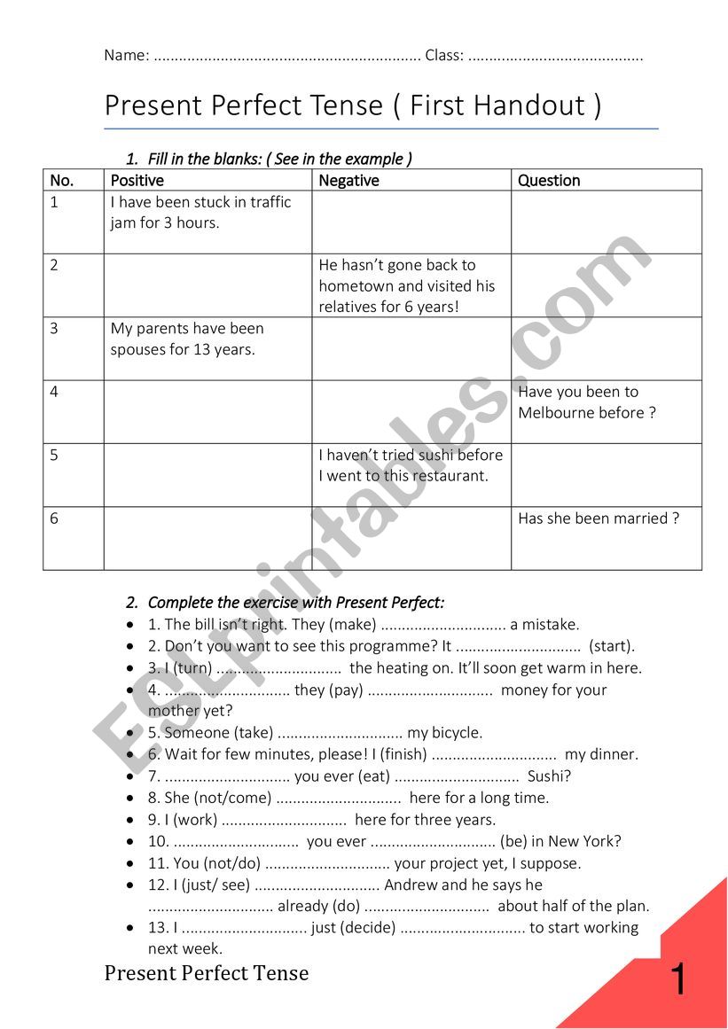 Present Perfect worksheet