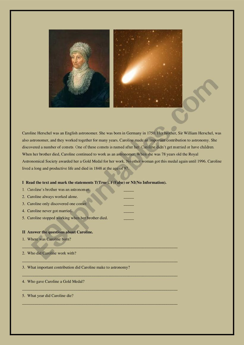 Caroline Herschel worksheet