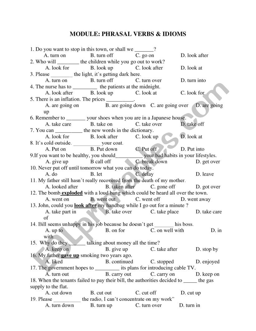 phrasal verbs and idioms worksheet