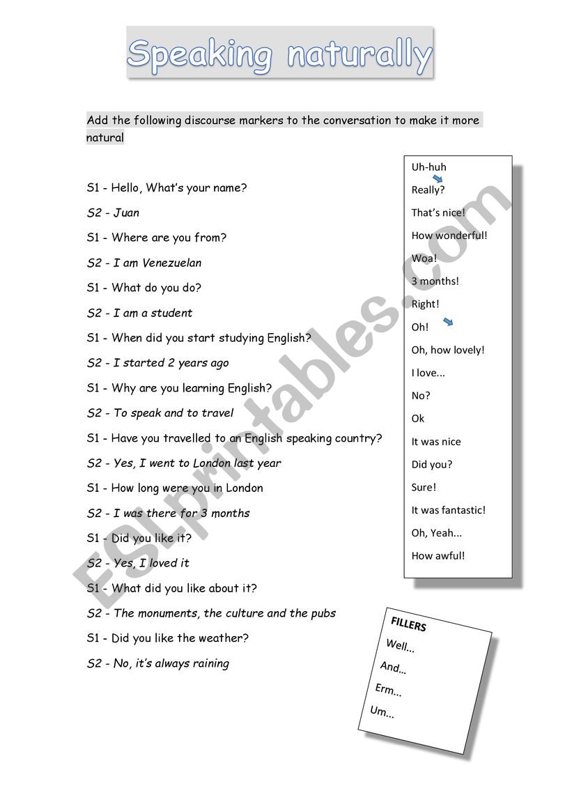 speaking naturally level A2.2 worksheet