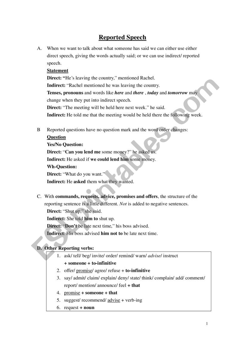 Reported Speech worksheet