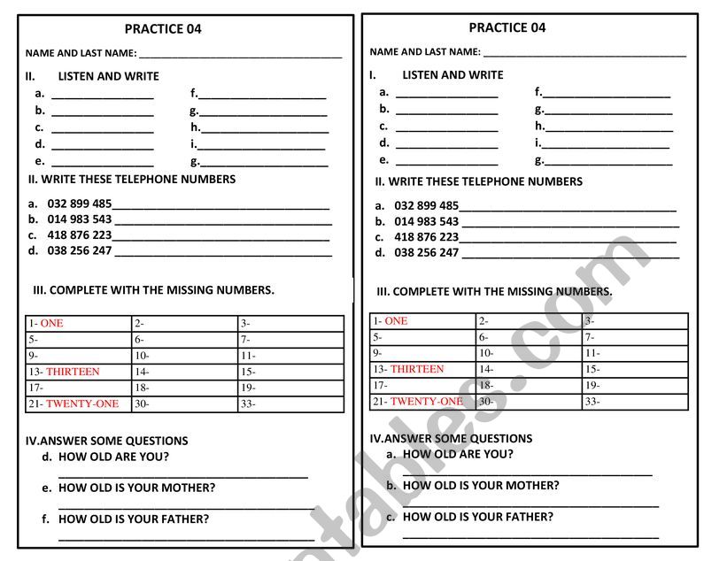 NUMBERS worksheet