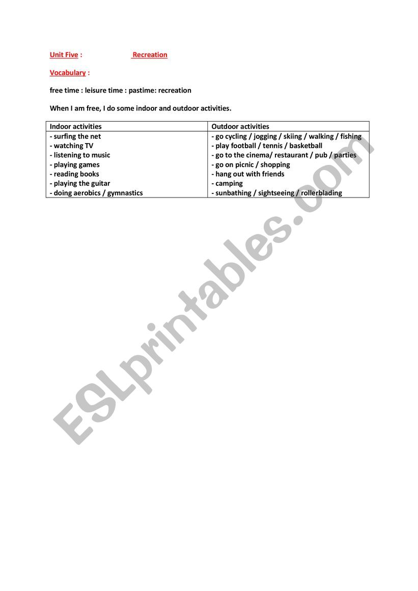 Recreation worksheet