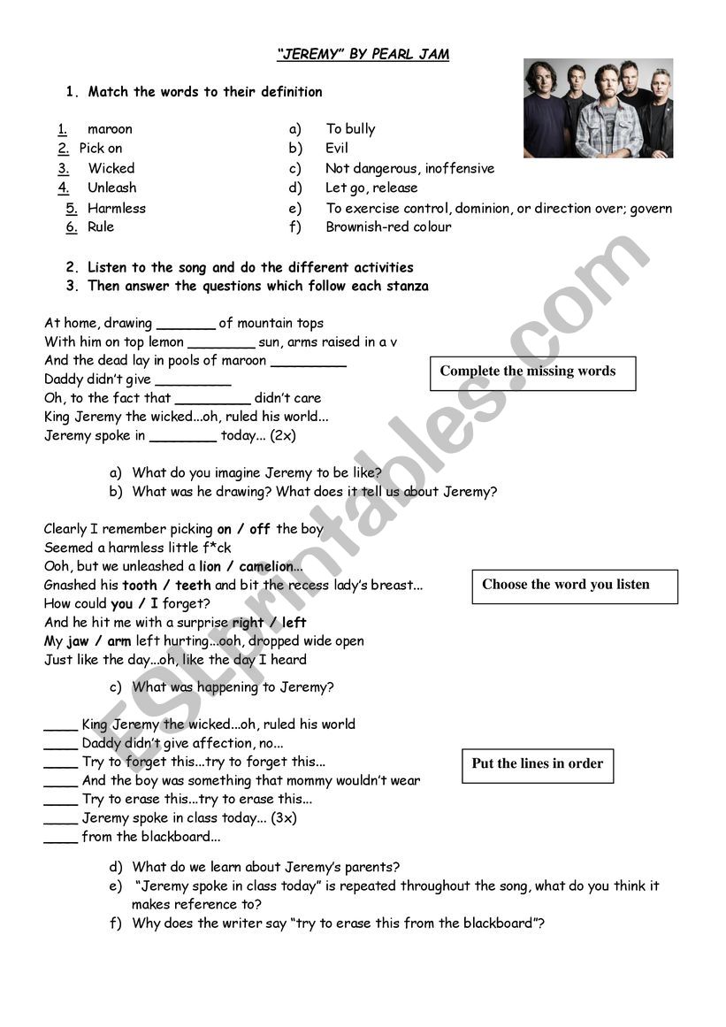 Song Jeremy - Bullying worksheet