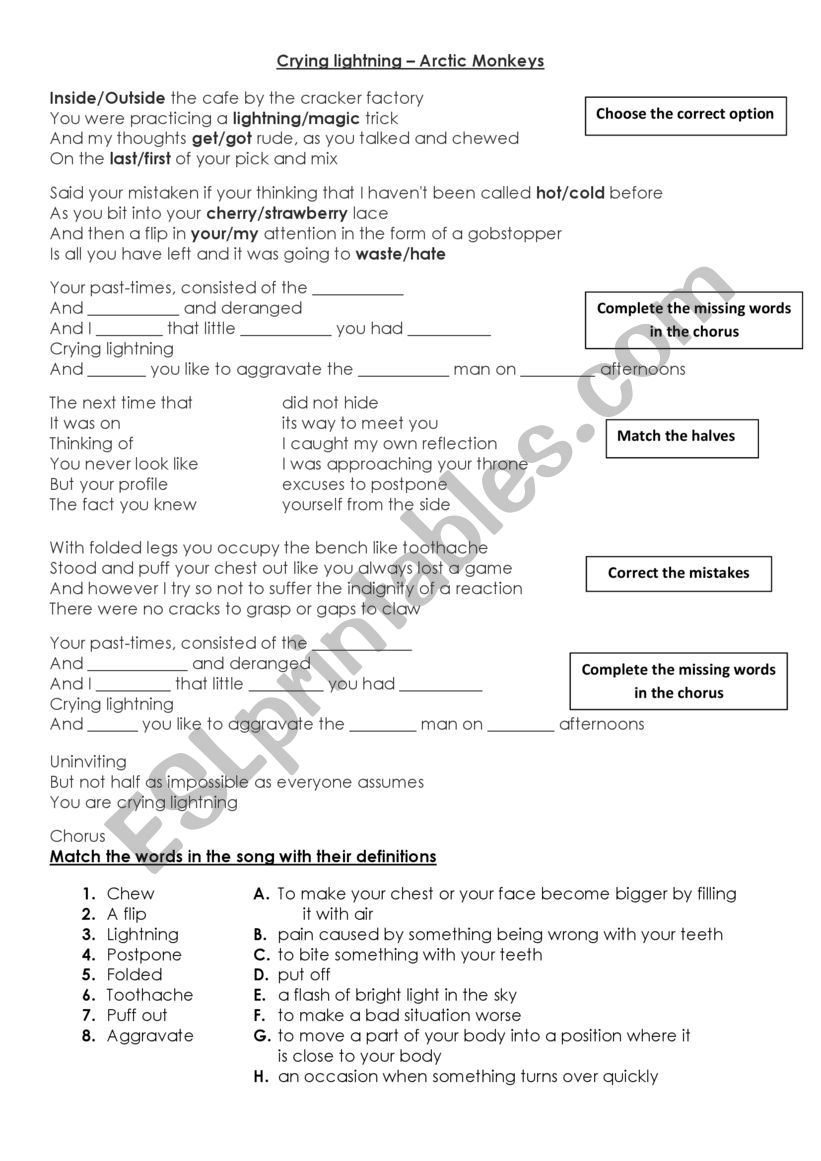 Song crying lightning worksheet