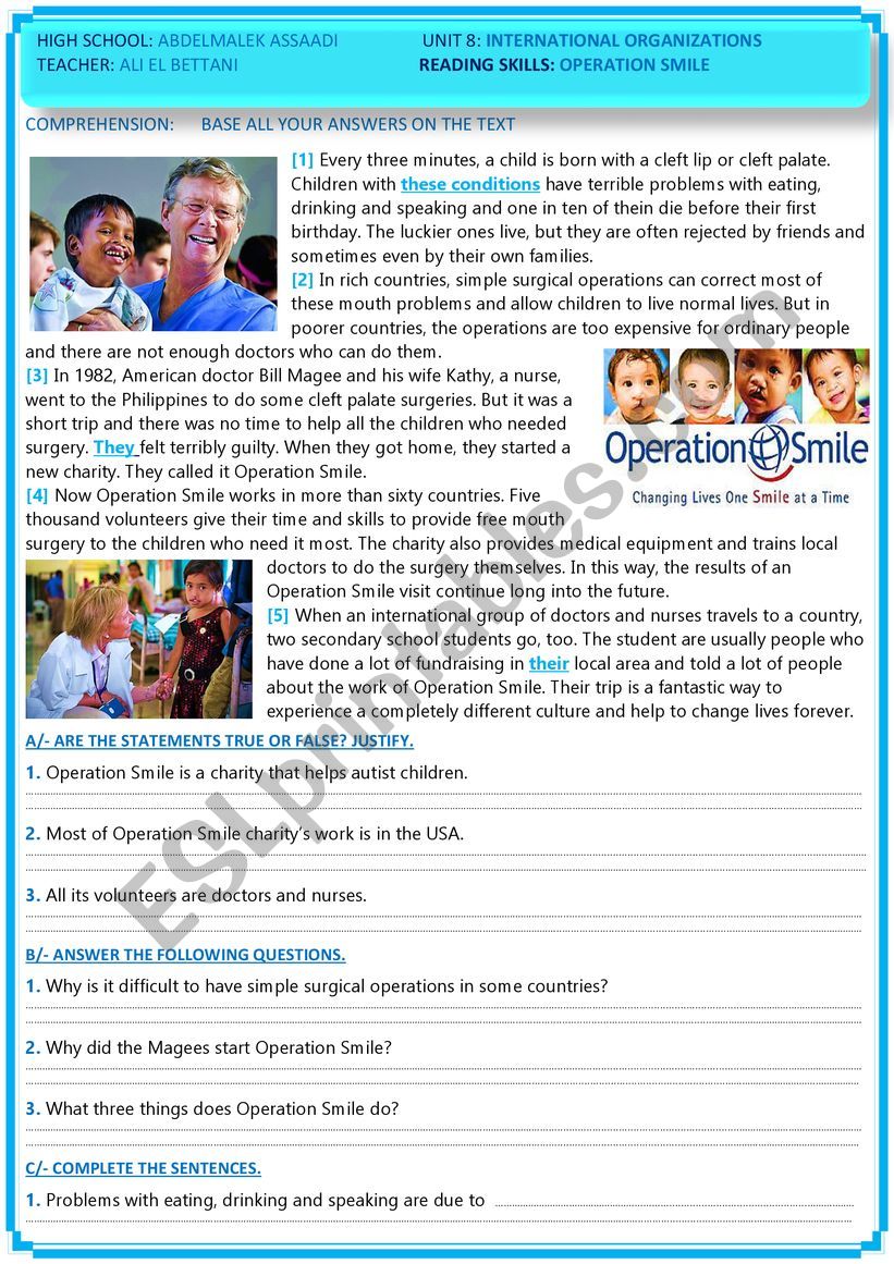  unit 8 International organizations - reading skills: operation smile