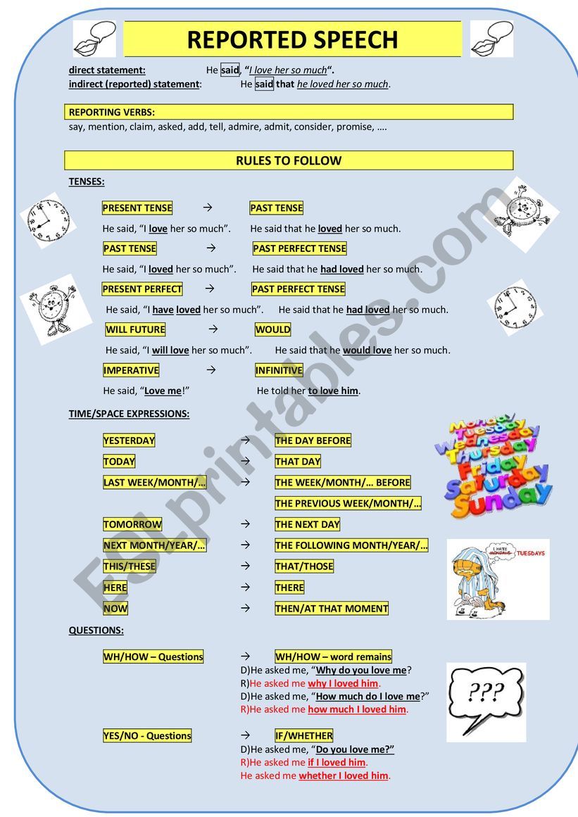 reported speech  worksheet