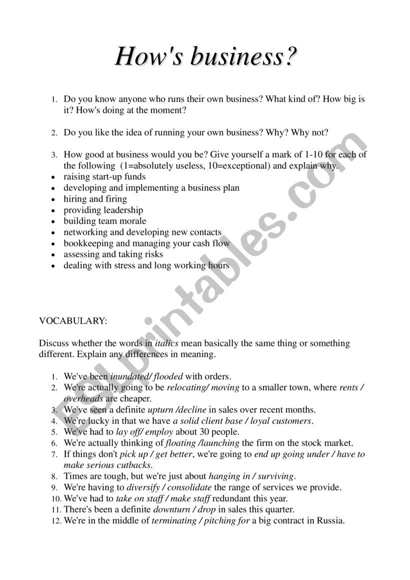 How�s business? worksheet