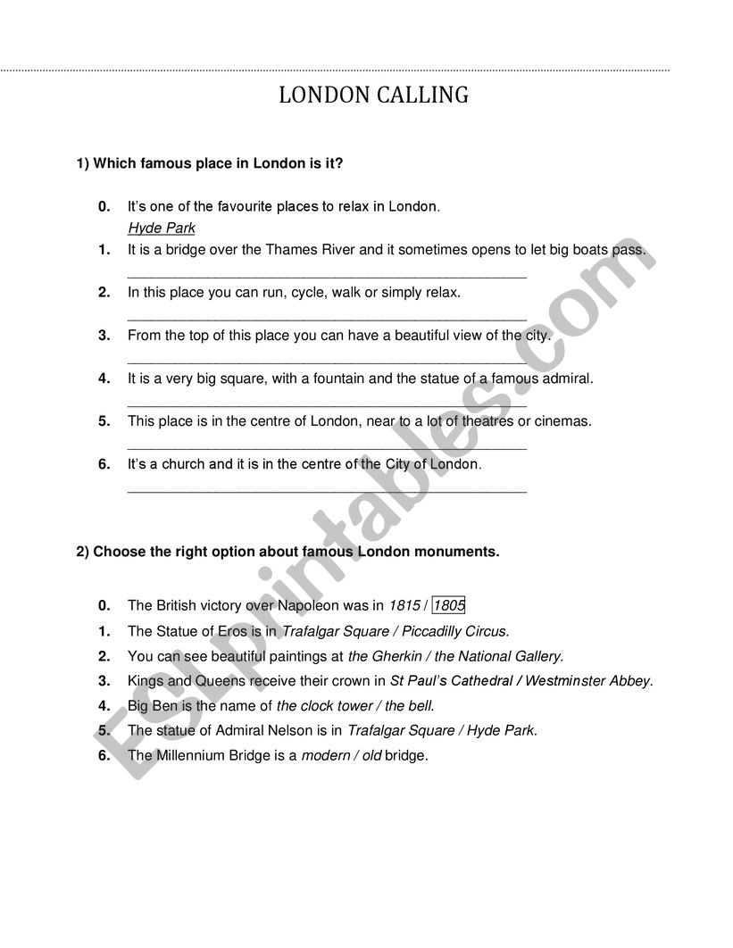 London quiz - part 1 worksheet