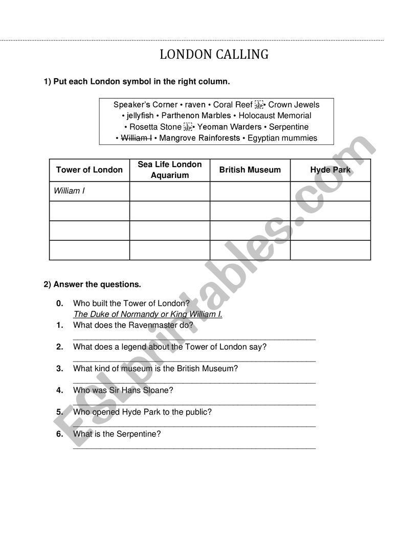 London quiz - part 3 worksheet