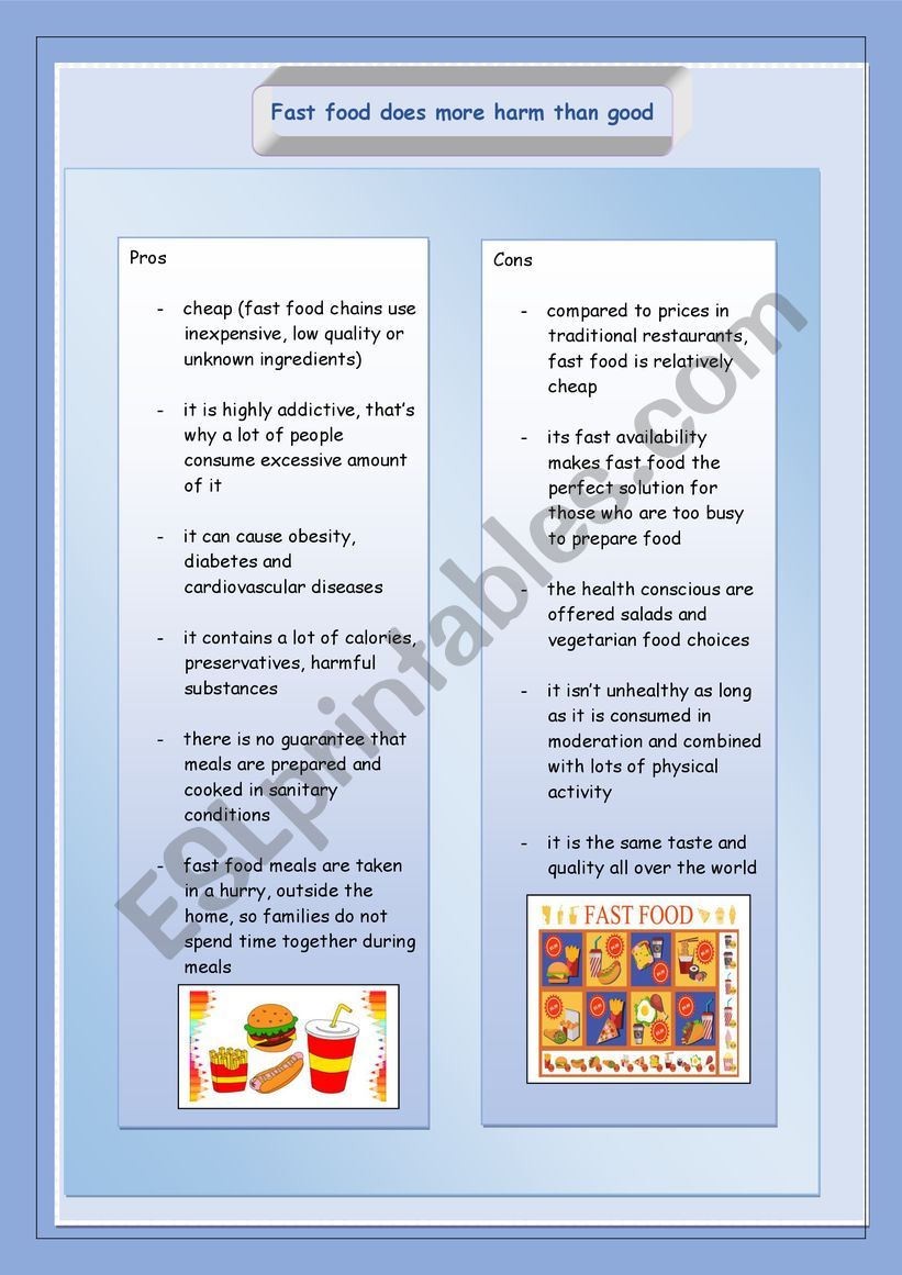 Fast food pros and cons worksheet