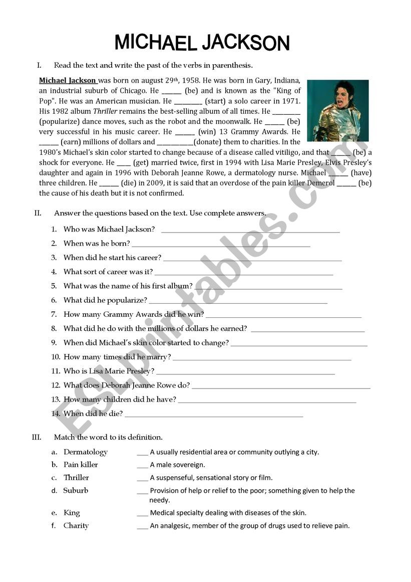 M. Jackson BIOGRAPHY worksheet