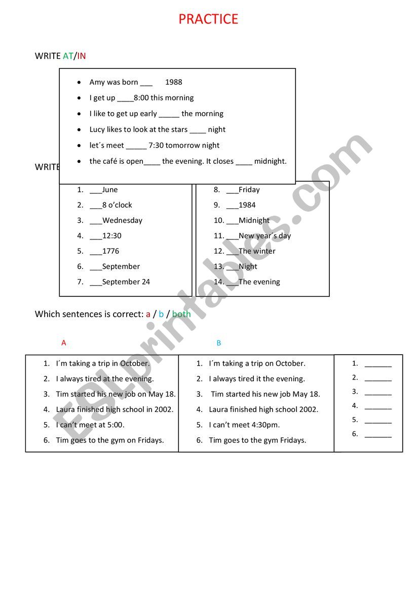 PREPOSITION OF TIME worksheet