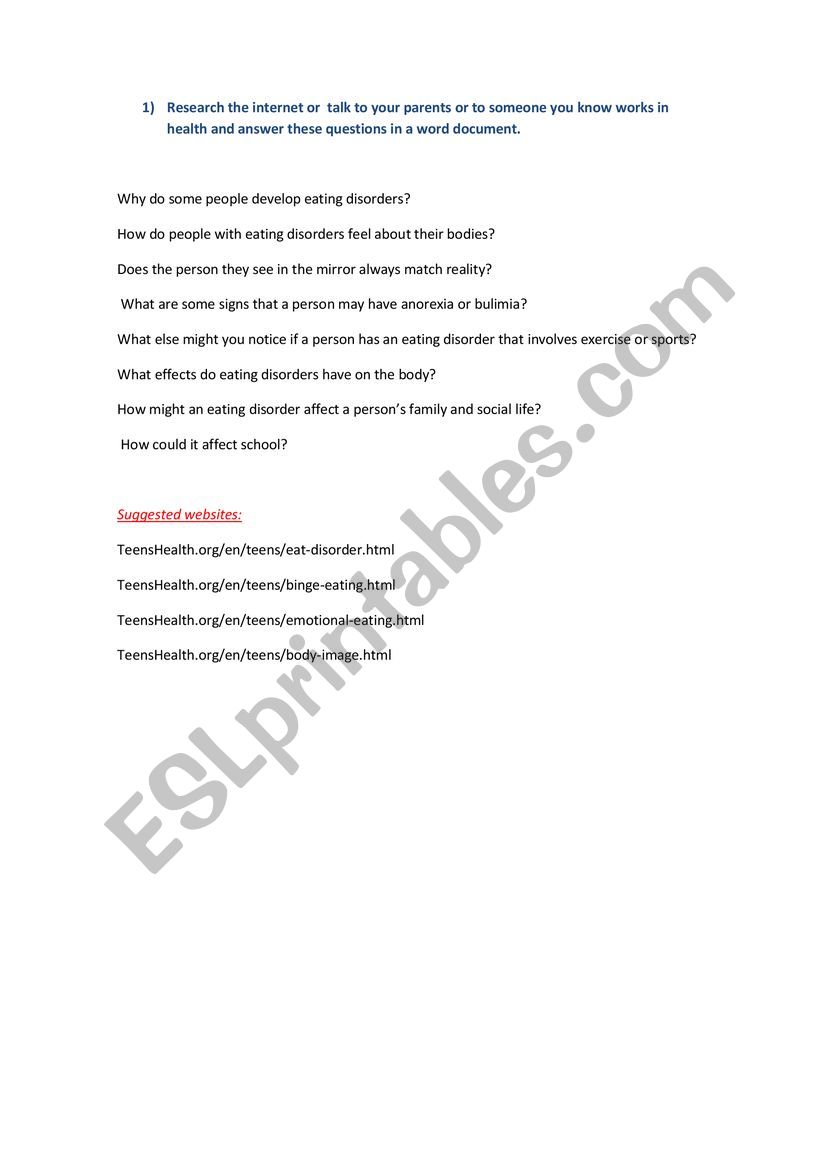 Eating disorders worksheet