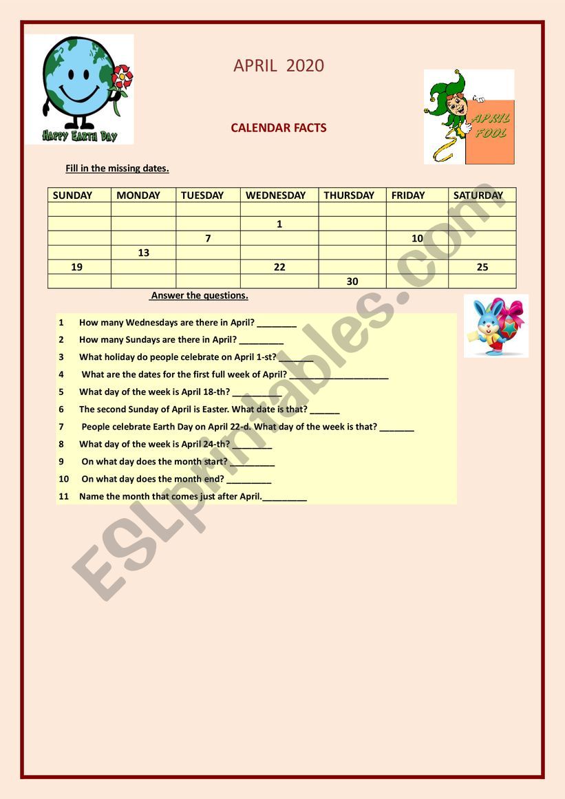 April Calendar Facts worksheet