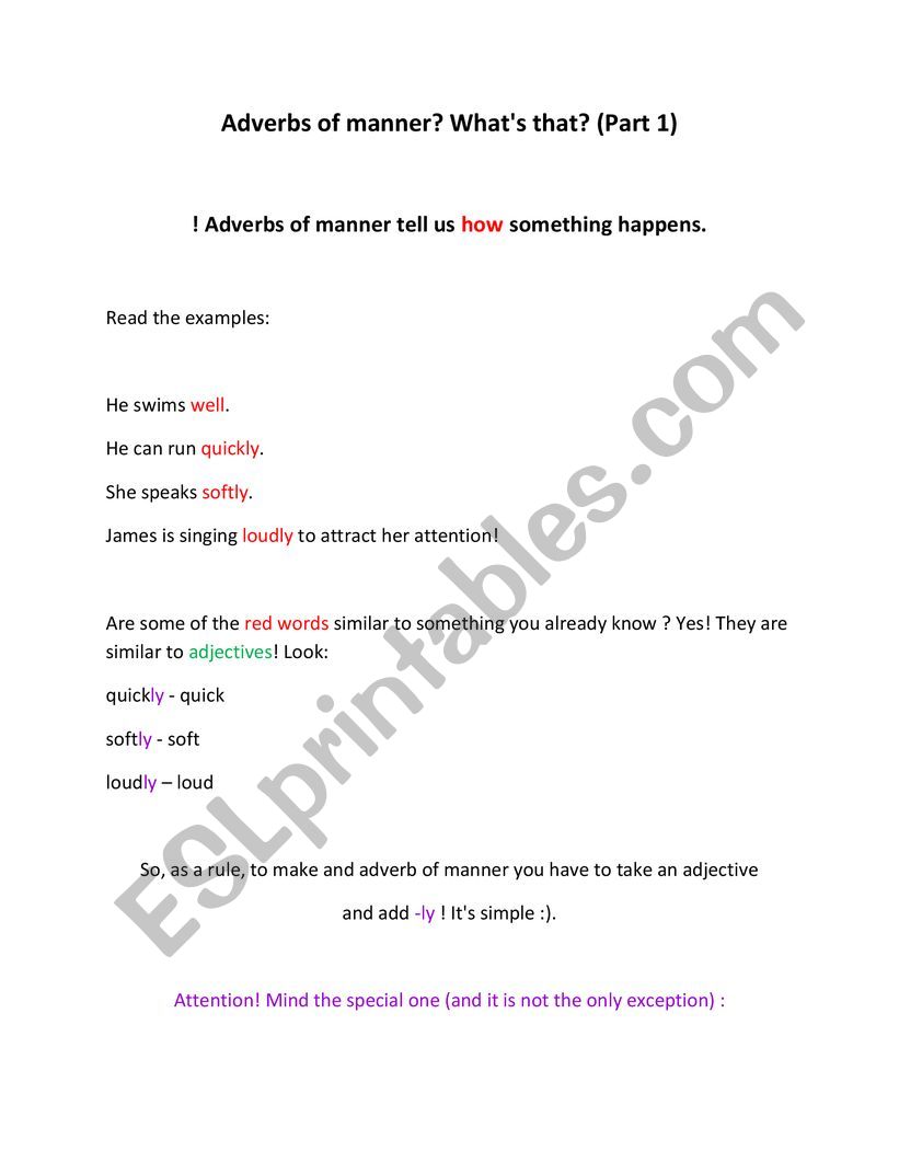 Adverbs of manner - part 1. worksheet