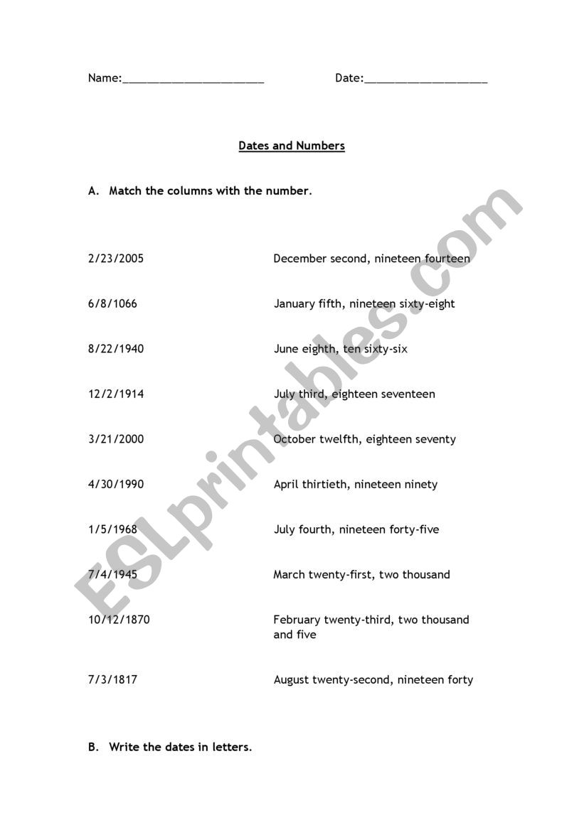 Dates worksheet