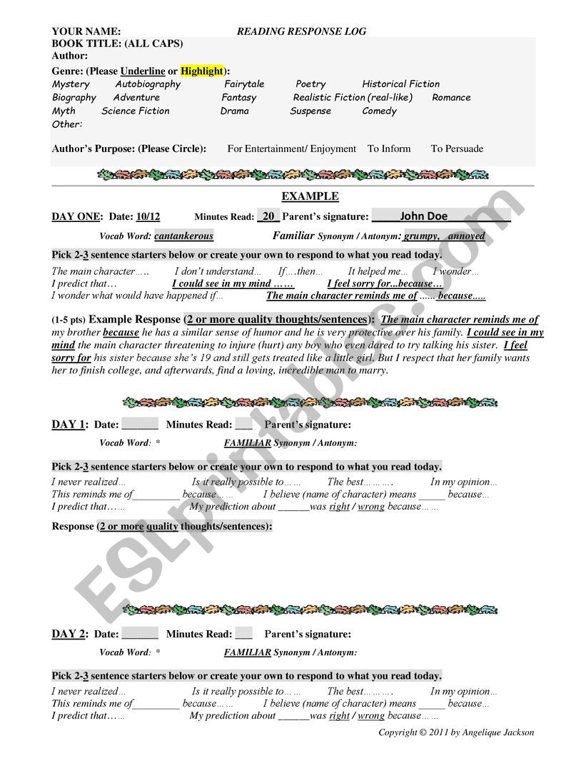 General Reading Log w/o Points/Lines