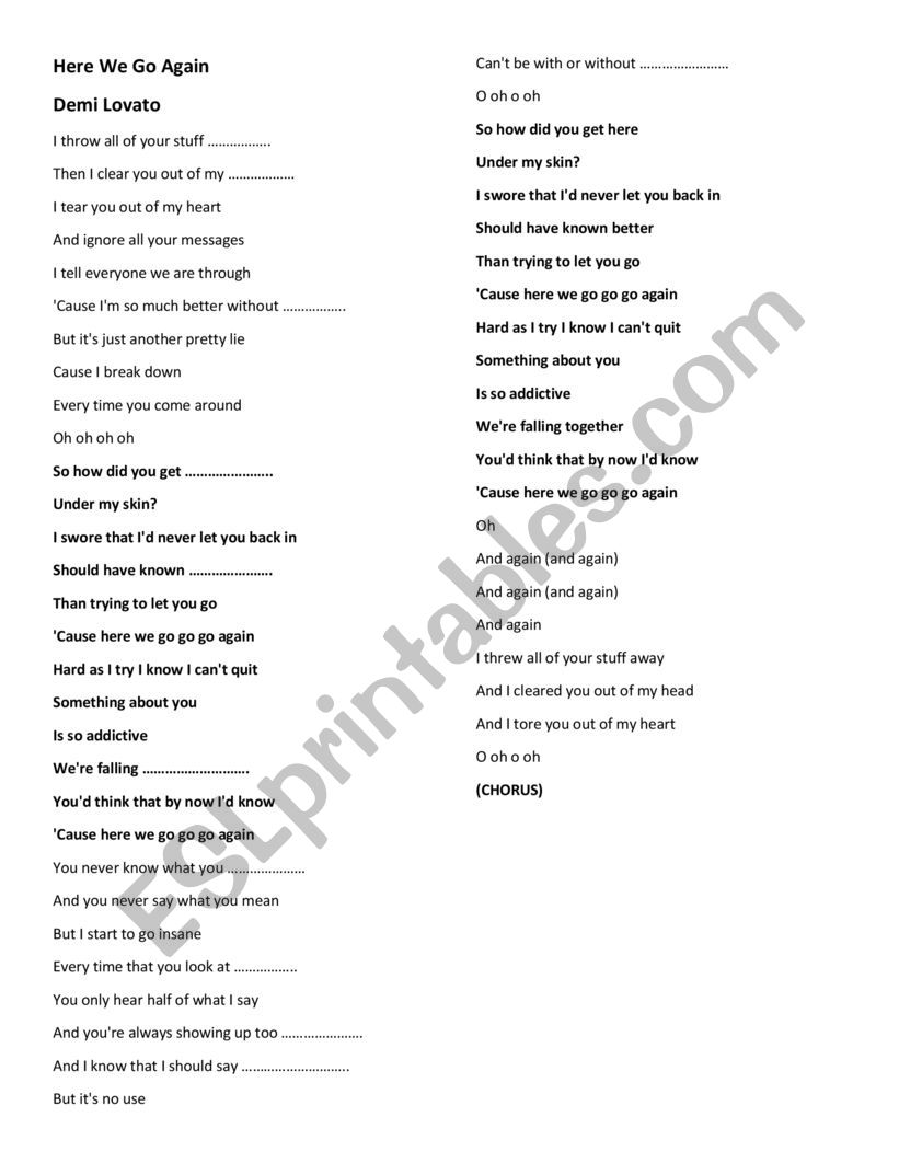 Here we go again song worksheet