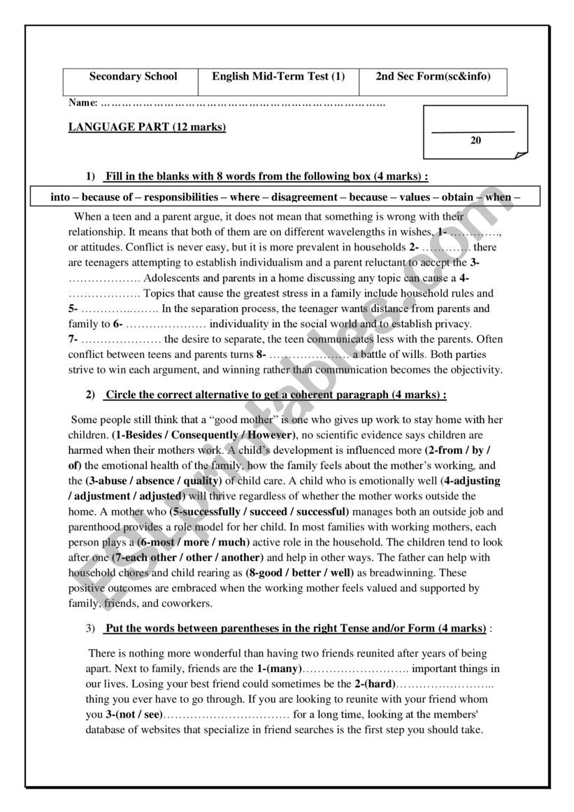 Mid-Term Test 1 worksheet