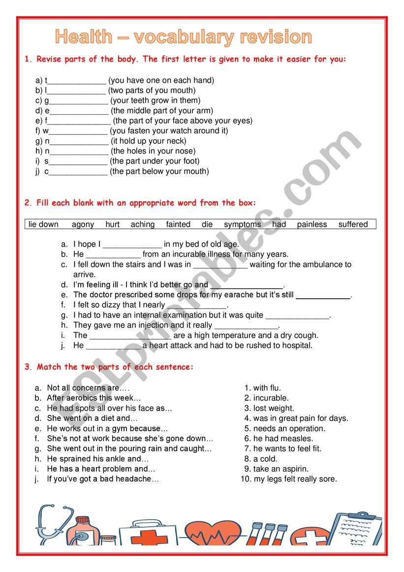 Health - vocabulary revision worksheet