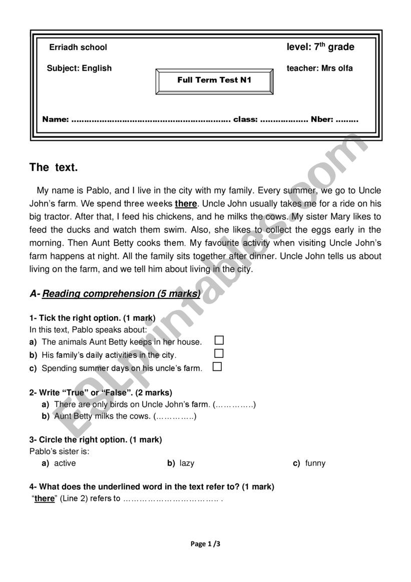 full term test 1for 7th grade worksheet
