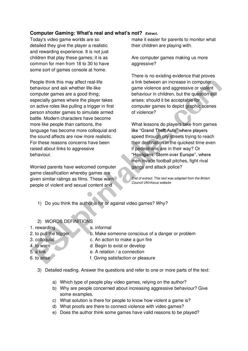 Is gaming good for you? worksheet