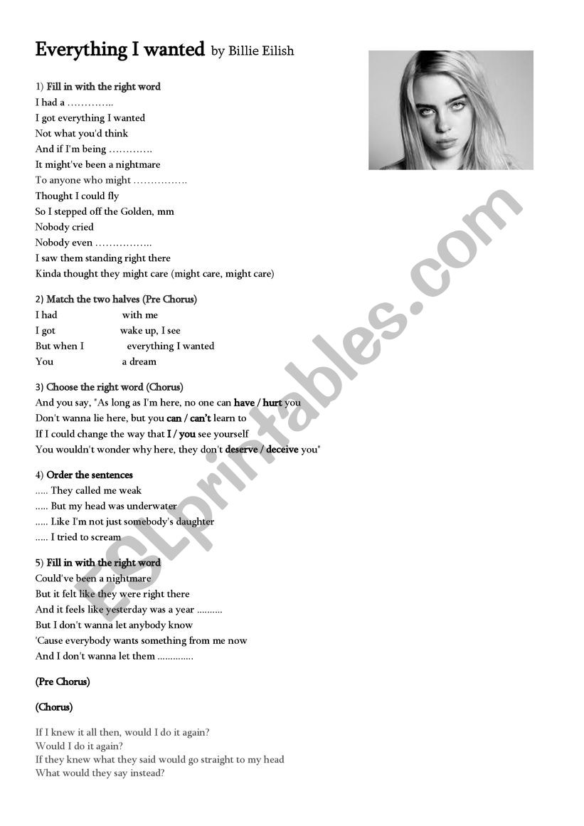 Everything I Wanted Billie Eislish Song Worksheet Esl Worksheet - everything i wanted billie eilish roblox id code