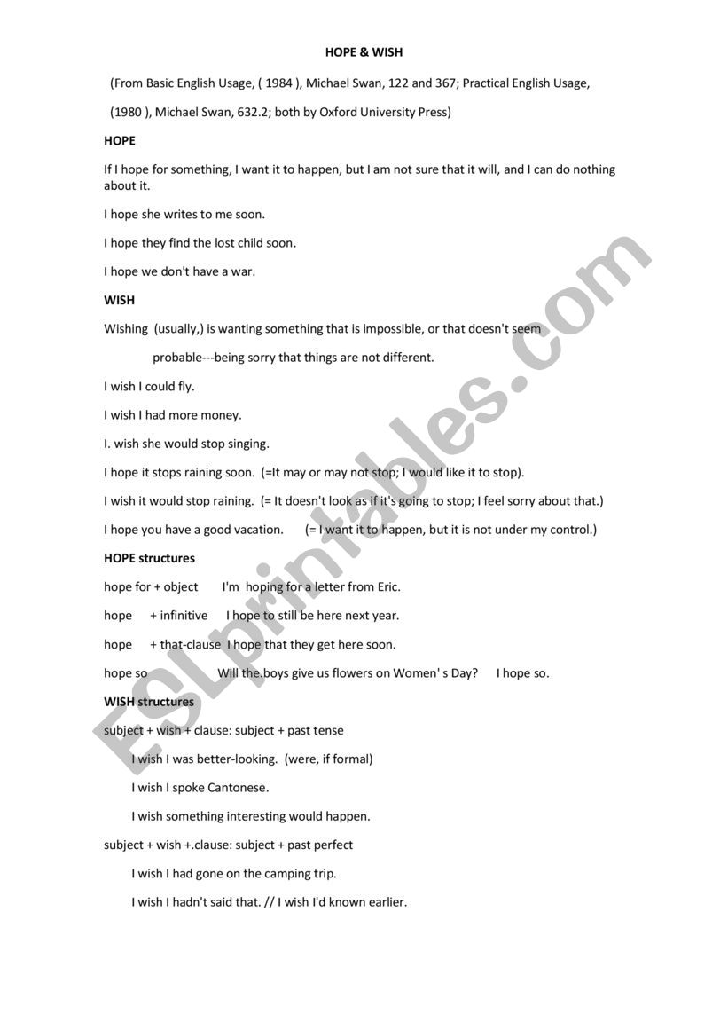 Hope and Wish worksheet