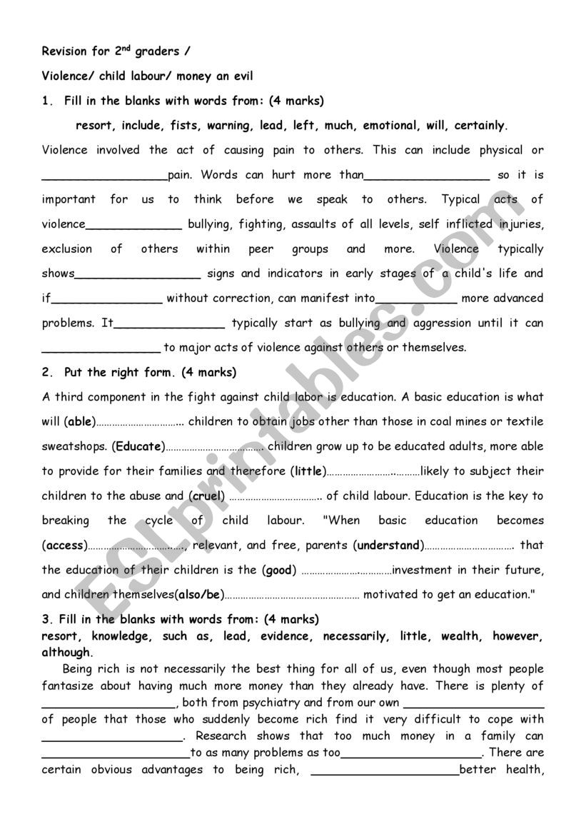 revision for 2nd graders worksheet