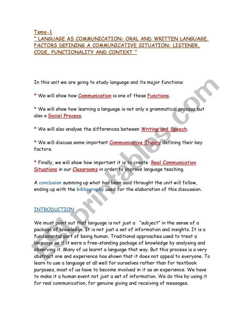 Language as communication worksheet