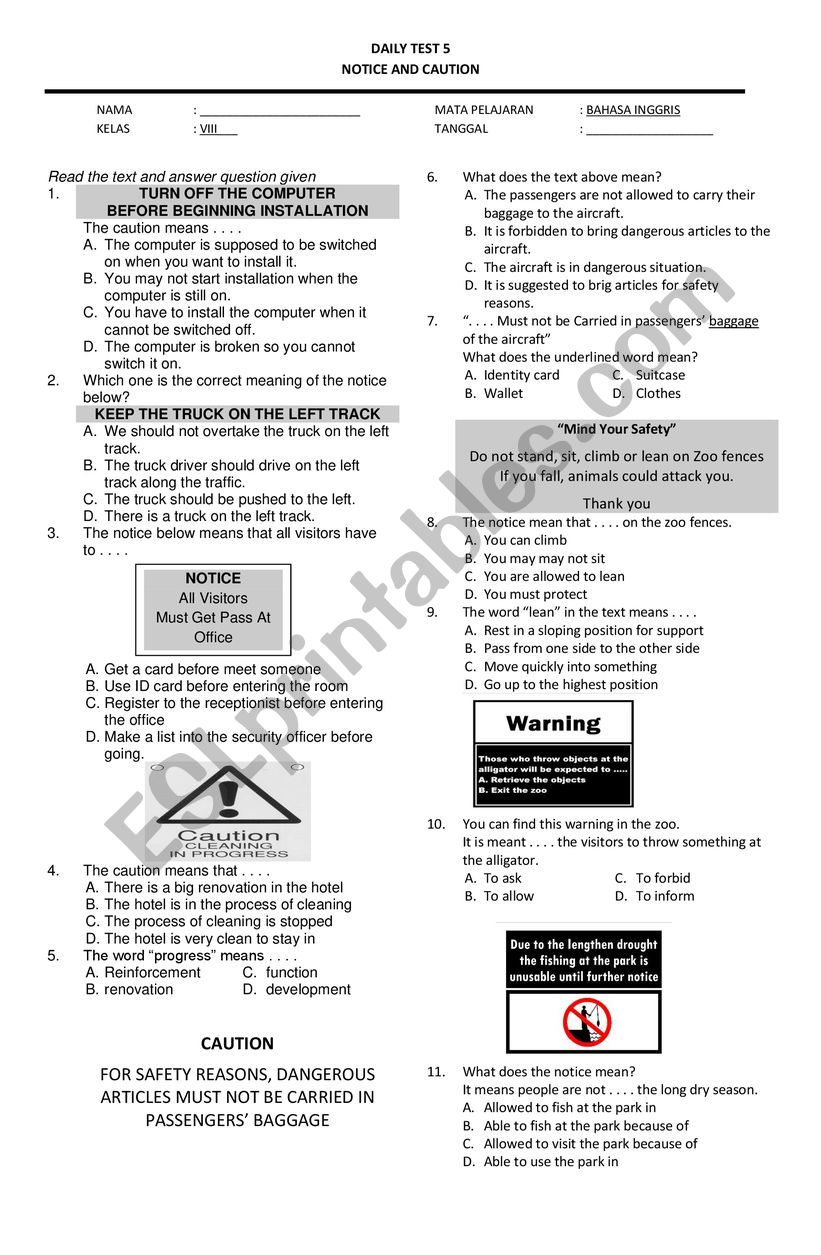 NOTICE AND CAUTION worksheet